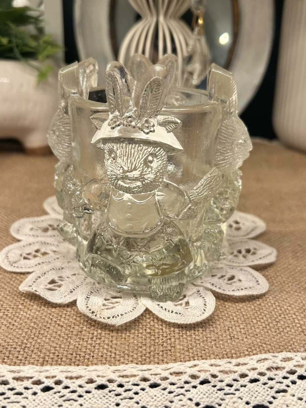 Vtg Clear Pressed Glass Bunny Circle of Friends Votive Tea Light Candle Holder